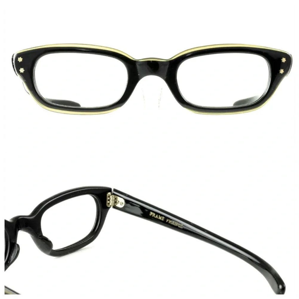 Vintage 1950’s Black Eyeglasses‎ with Iridescence Gold Trim, Made in France, New